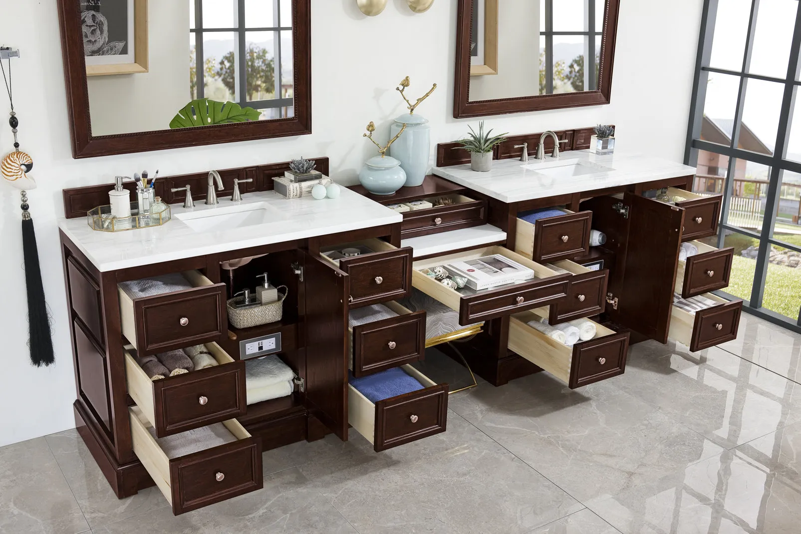 De Soto 118" Double Vanity Set, Burnished Mahogany with Makeup Table, 3 CM Arctic Fall Solid Surface Top