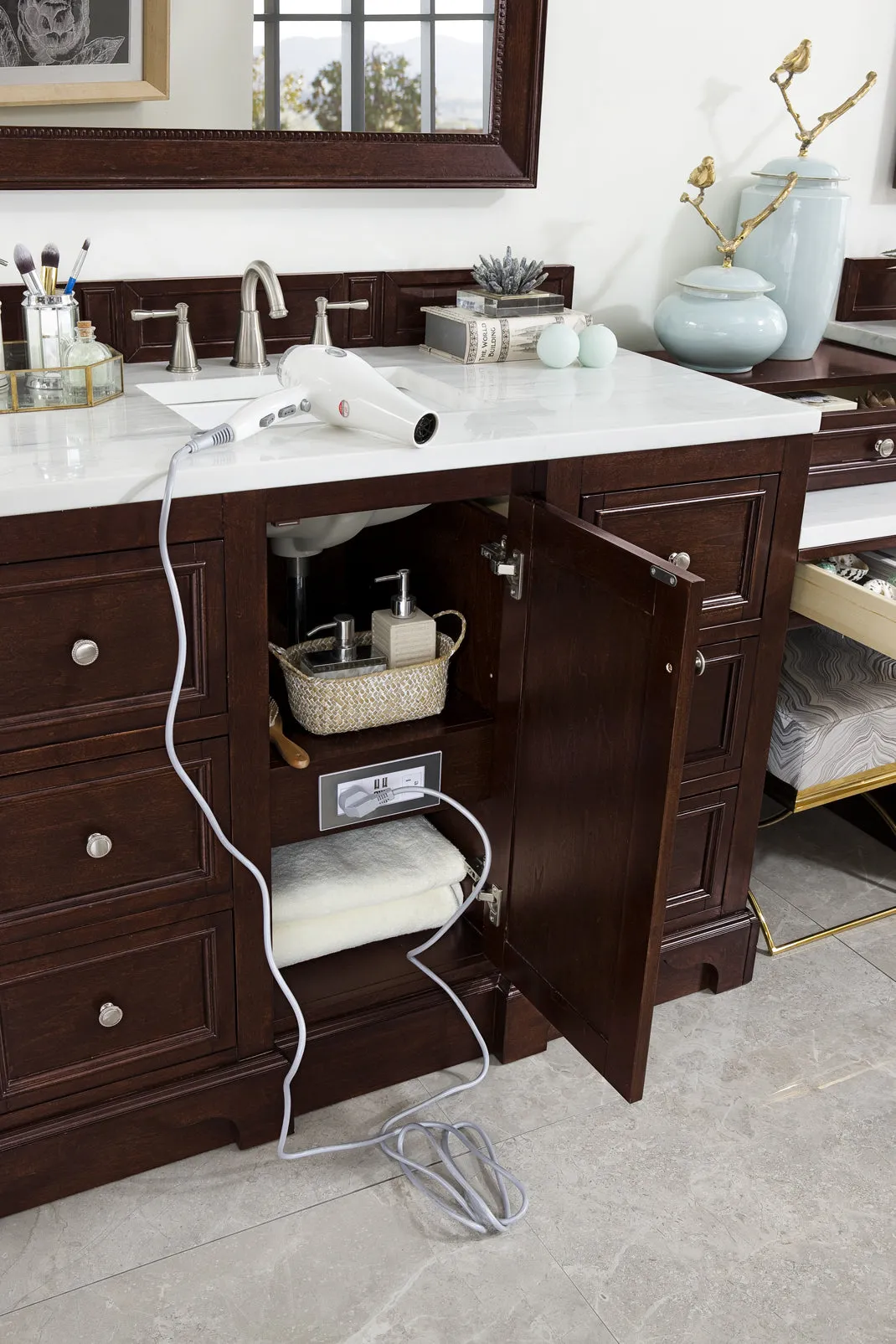 De Soto 118" Double Vanity Set, Burnished Mahogany with Makeup Table, 3 CM Arctic Fall Solid Surface Top