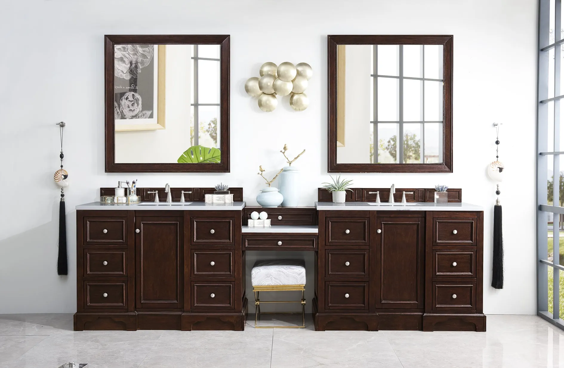 De Soto 118" Double Vanity Set, Burnished Mahogany with Makeup Table, 3 CM Arctic Fall Solid Surface Top