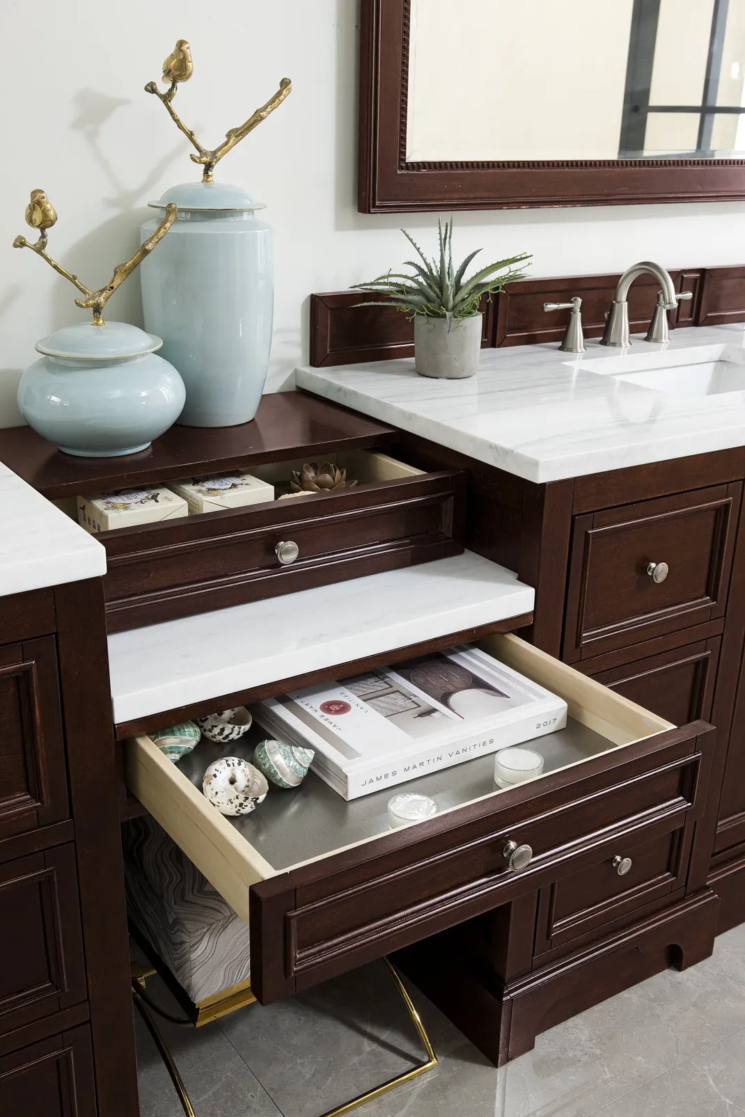 De Soto 118" Double Vanity Set, Burnished Mahogany with Makeup Table, 3 CM Arctic Fall Solid Surface Top