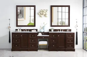 De Soto 118" Double Vanity Set, Burnished Mahogany with Makeup Table, 3 CM Arctic Fall Solid Surface Top