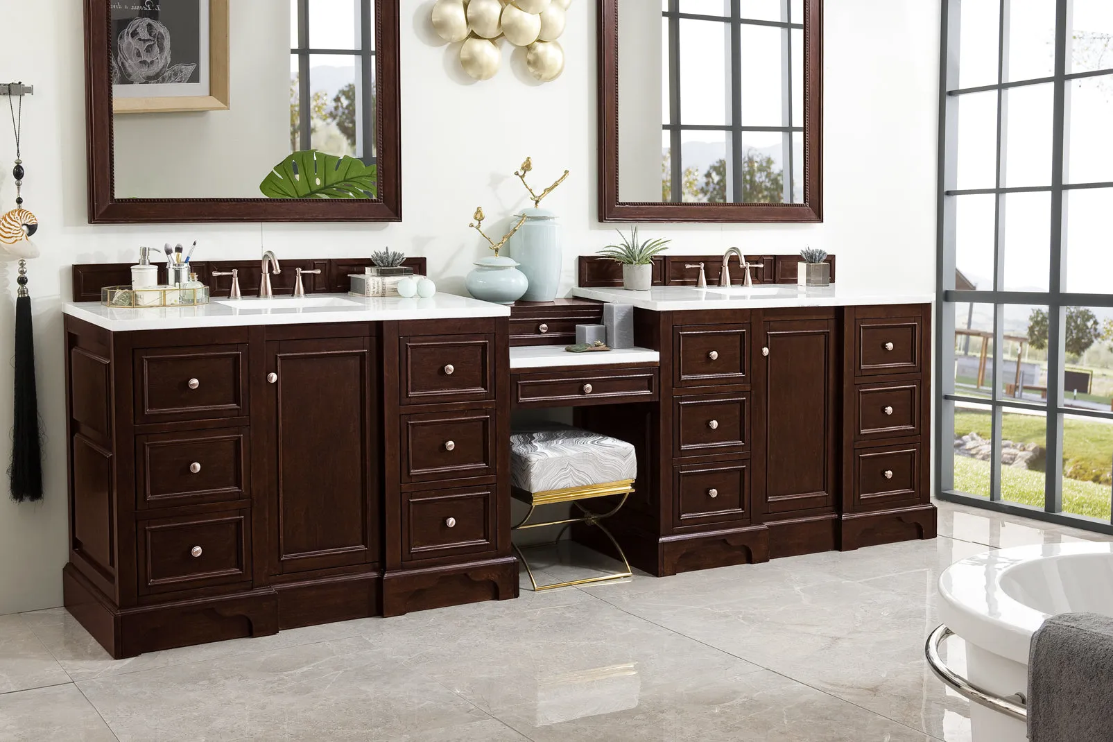 De Soto 118" Double Vanity Set, Burnished Mahogany with Makeup Table, 3 CM Arctic Fall Solid Surface Top