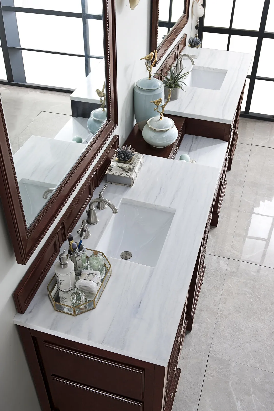 De Soto 118" Double Vanity Set, Burnished Mahogany with Makeup Table, 3 CM Arctic Fall Solid Surface Top