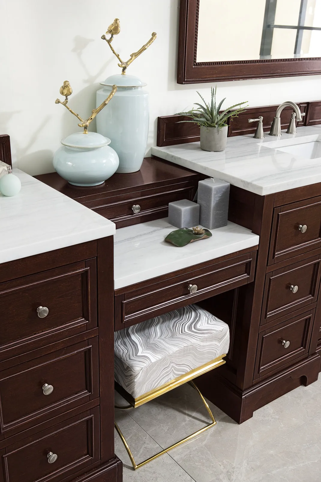 De Soto 118" Double Vanity Set, Burnished Mahogany with Makeup Table, 3 CM Arctic Fall Solid Surface Top