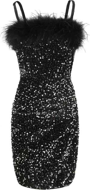 EXARUS Girls Sequin Spaghetti Strap Bodycon Dress Ruched Sparkle Party Teen mini Special Occasion Velvet Splice Furry