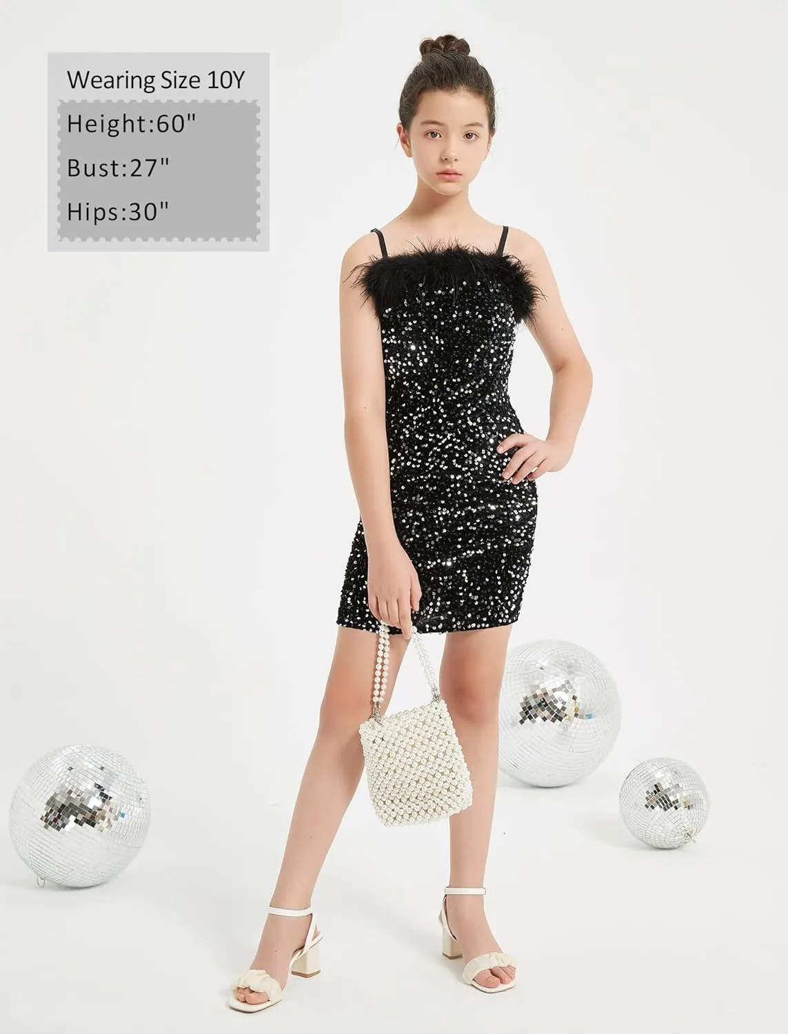 EXARUS Girls Sequin Spaghetti Strap Bodycon Dress Ruched Sparkle Party Teen mini Special Occasion Velvet Splice Furry