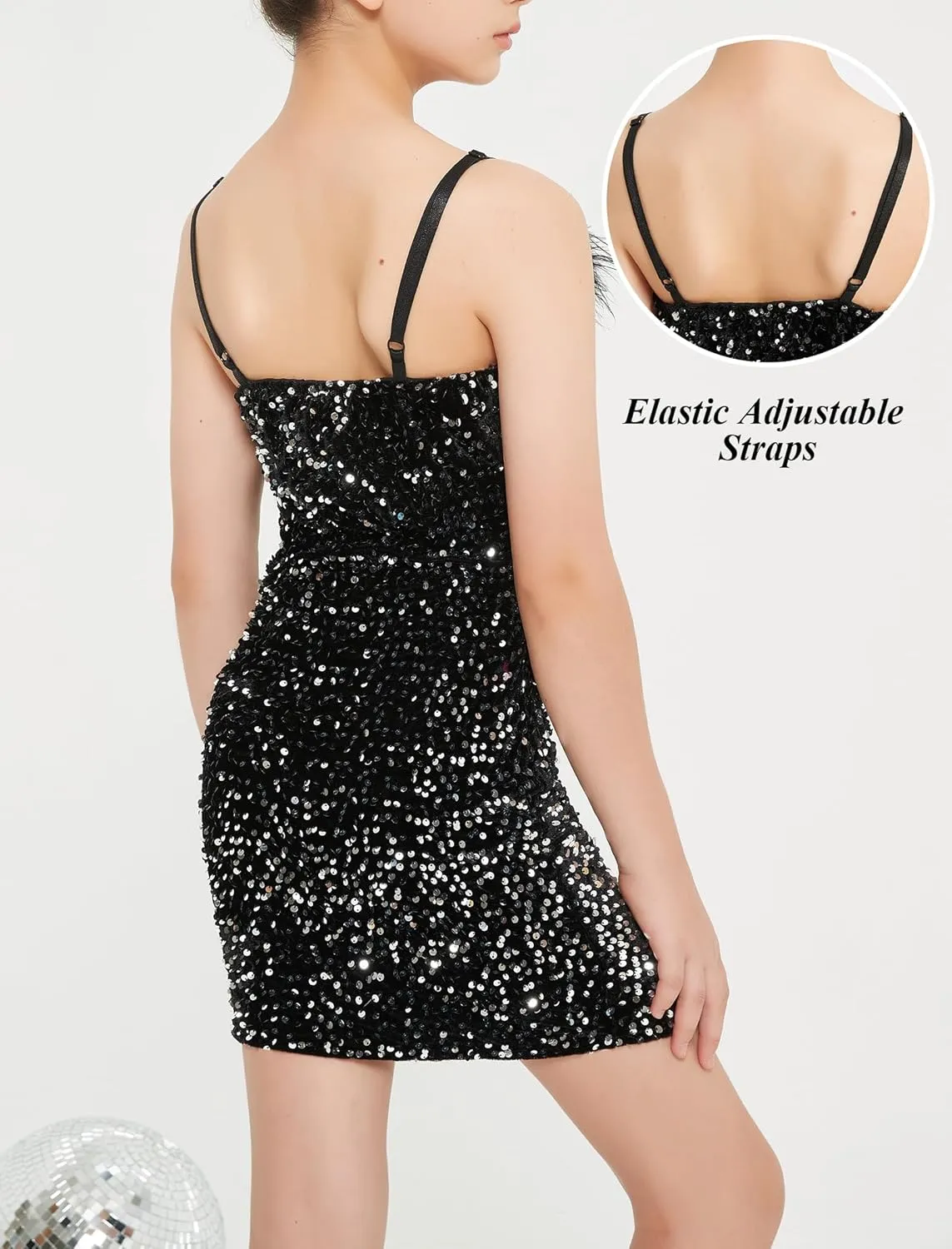 EXARUS Girls Sequin Spaghetti Strap Bodycon Dress Ruched Sparkle Party Teen mini Special Occasion Velvet Splice Furry