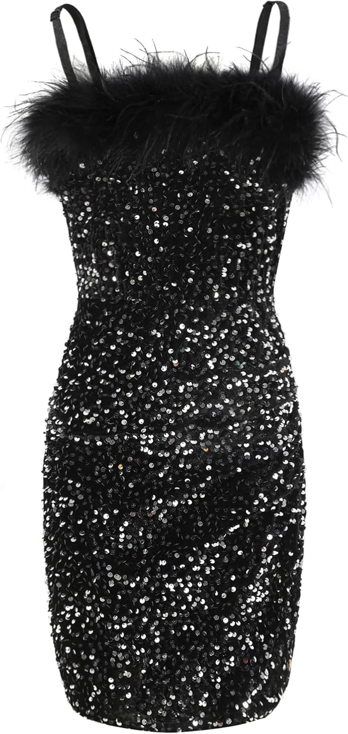 EXARUS Girls Sequin Spaghetti Strap Bodycon Dress Ruched Sparkle Party Teen mini Special Occasion Velvet Splice Furry