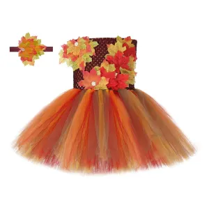 Fall Thanksgiving Tutu Dress Girl Maple Leaf Skirt with Hair Strap