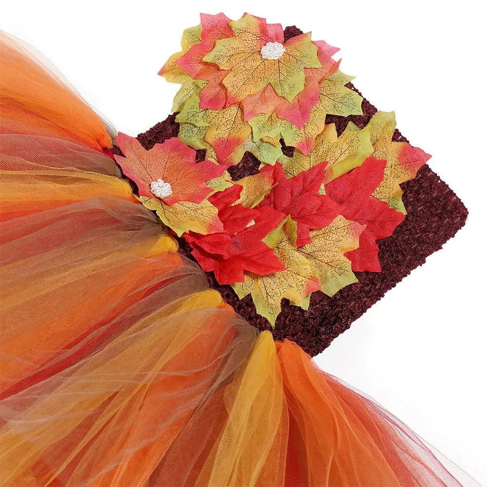 Fall Thanksgiving Tutu Dress Girl Maple Leaf Skirt with Hair Strap