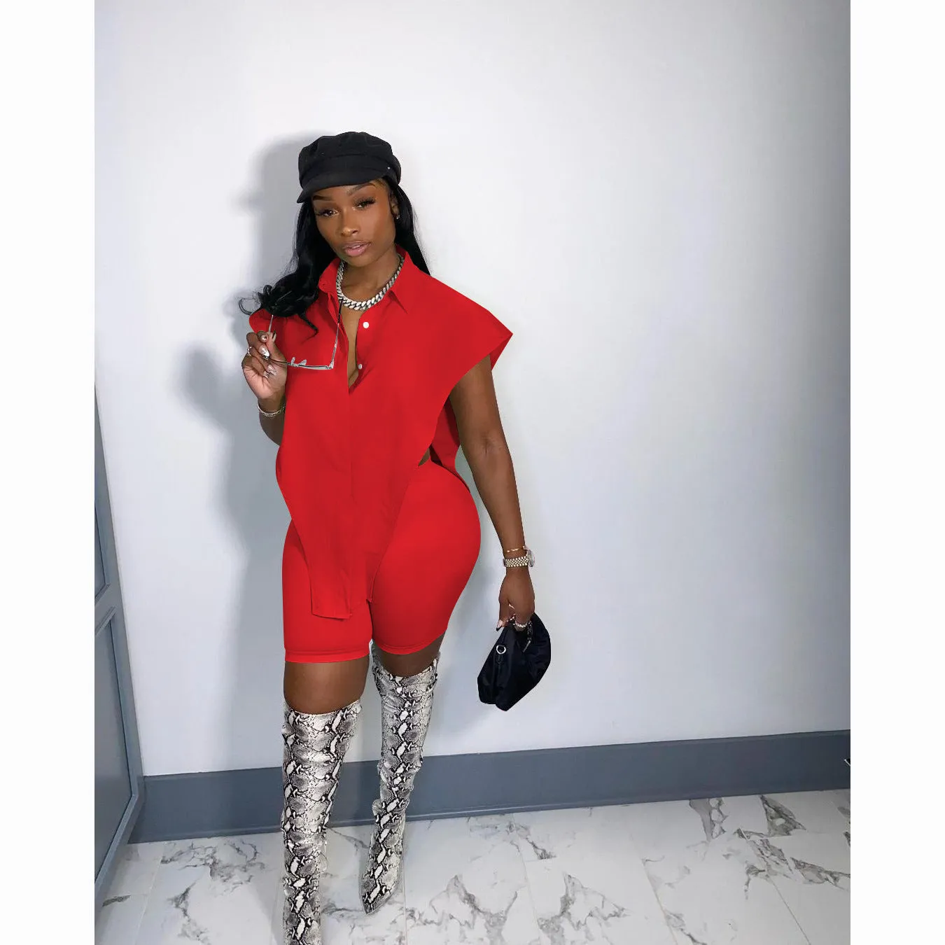 Fashion Cardigan Button Top Shorts Two Piece Set（AY1846）