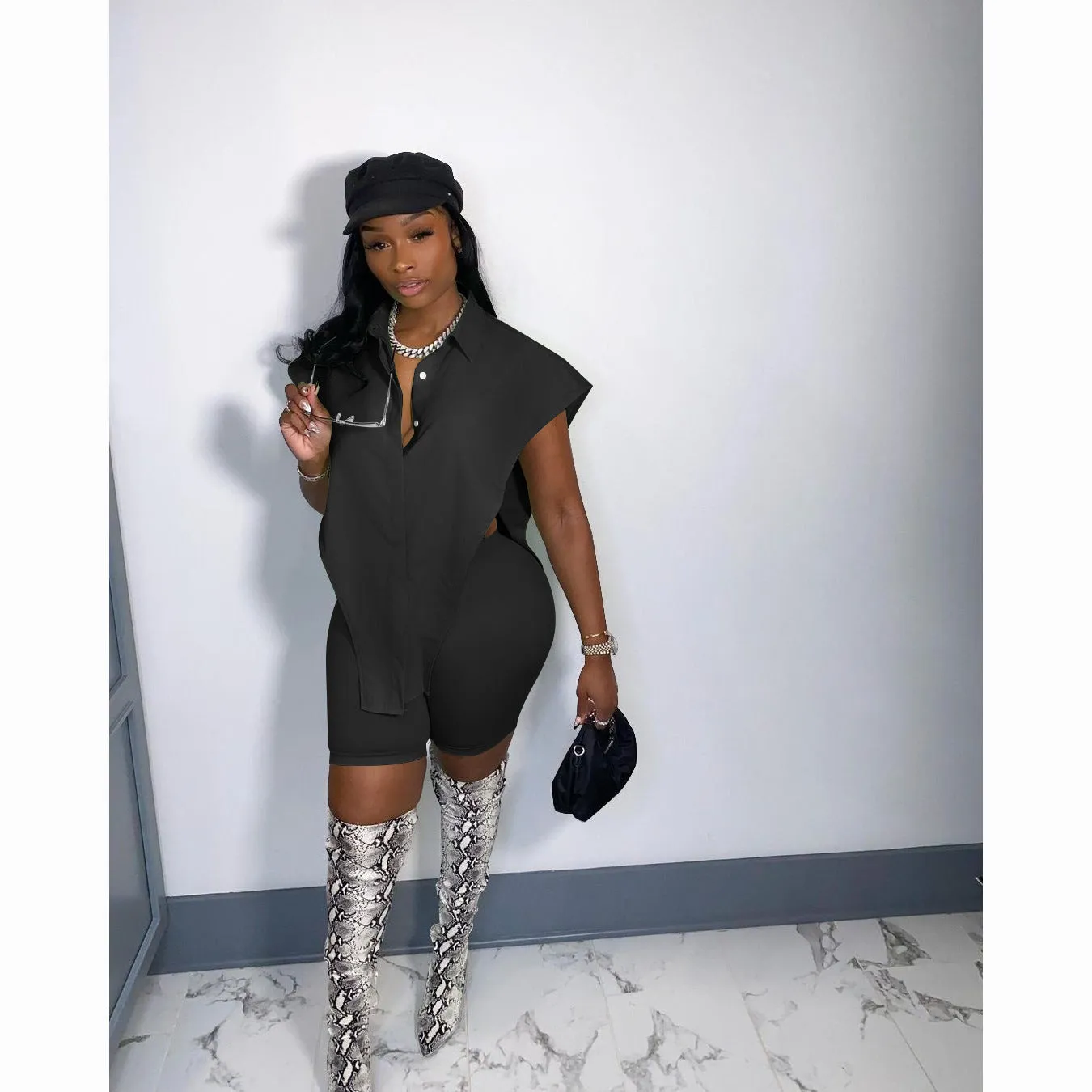 Fashion Cardigan Button Top Shorts Two Piece Set（AY1846）