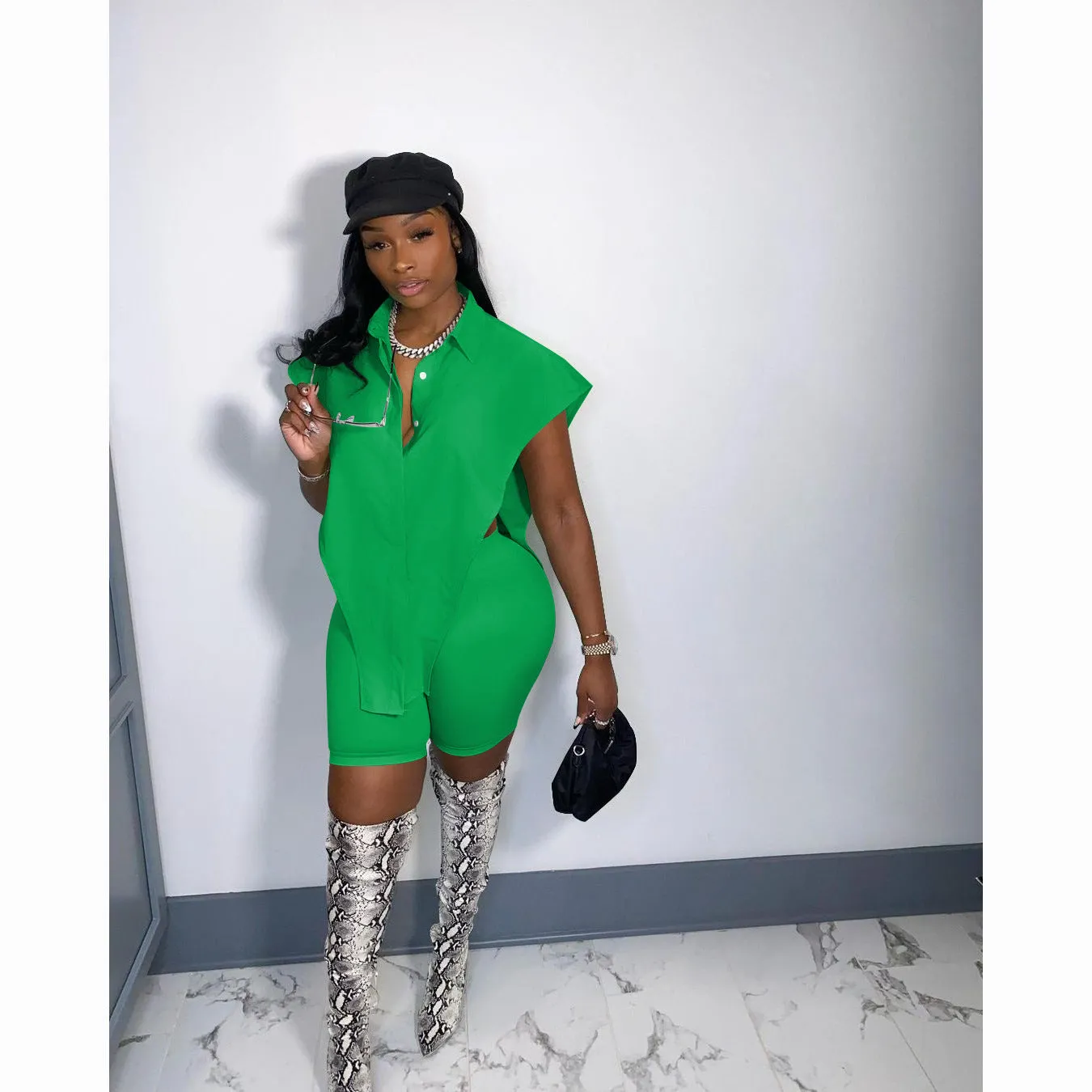 Fashion Cardigan Button Top Shorts Two Piece Set（AY1846）