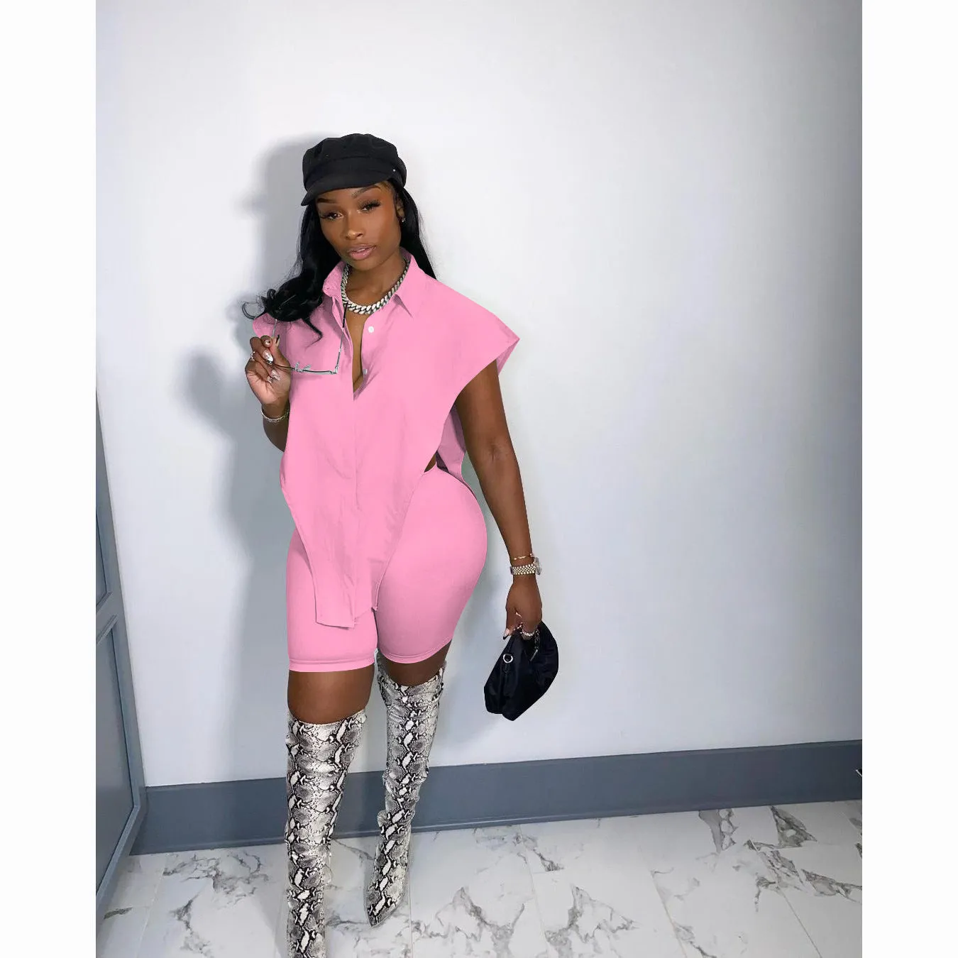 Fashion Cardigan Button Top Shorts Two Piece Set（AY1846）