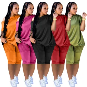 Fashion One Shoulder Breasted Loose Short Sleeve Shorts Suit（AY1822）