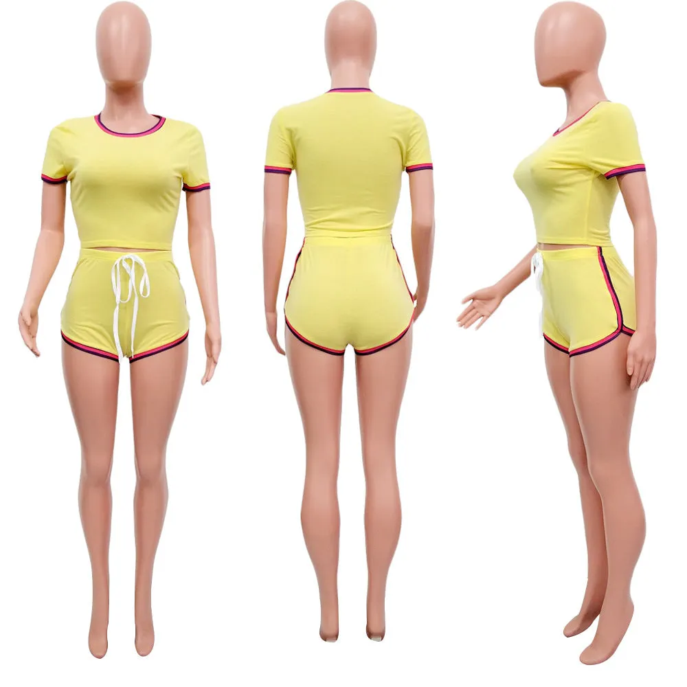 Fashion Solid Color Side Stripe Top Shorts Set（AY2293）