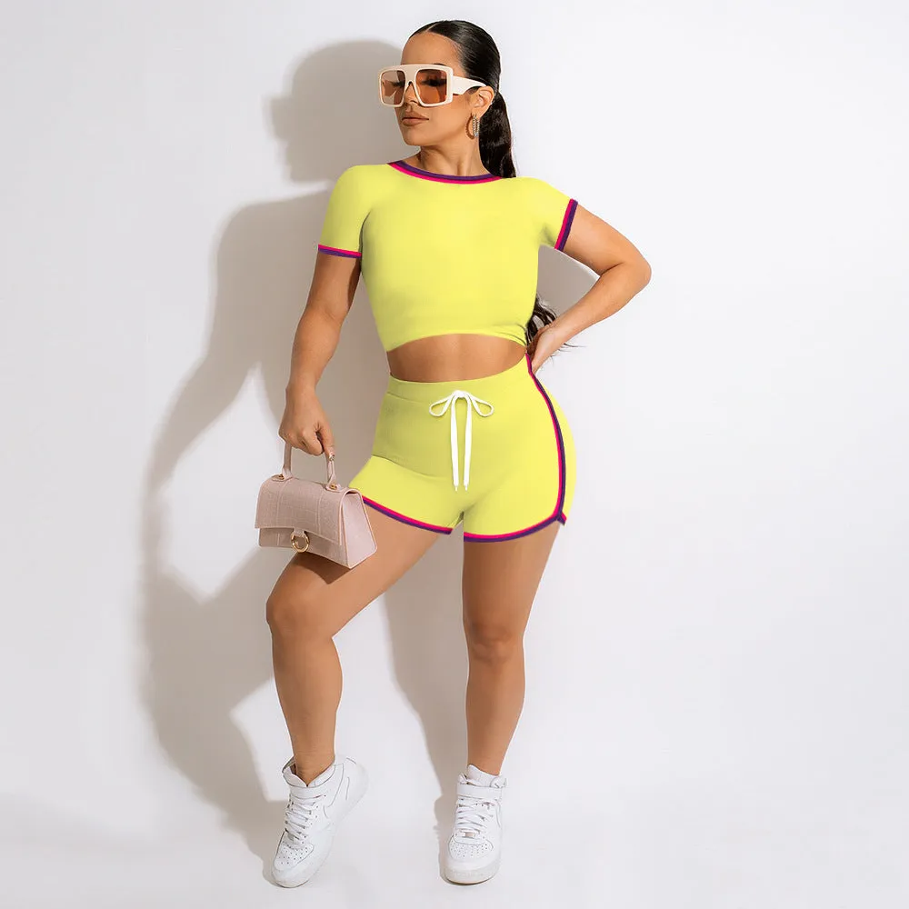 Fashion Solid Color Side Stripe Top Shorts Set（AY2293）