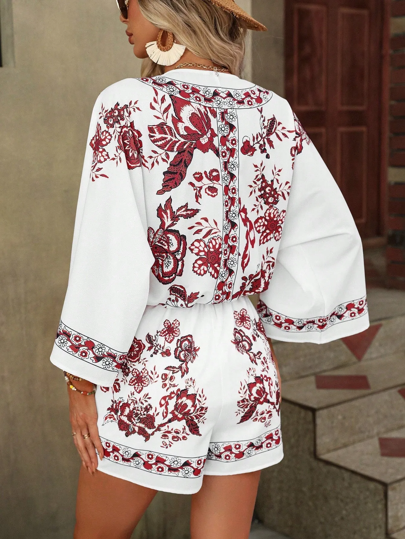 Floral Print Drop Shoulder Blouse Shorts