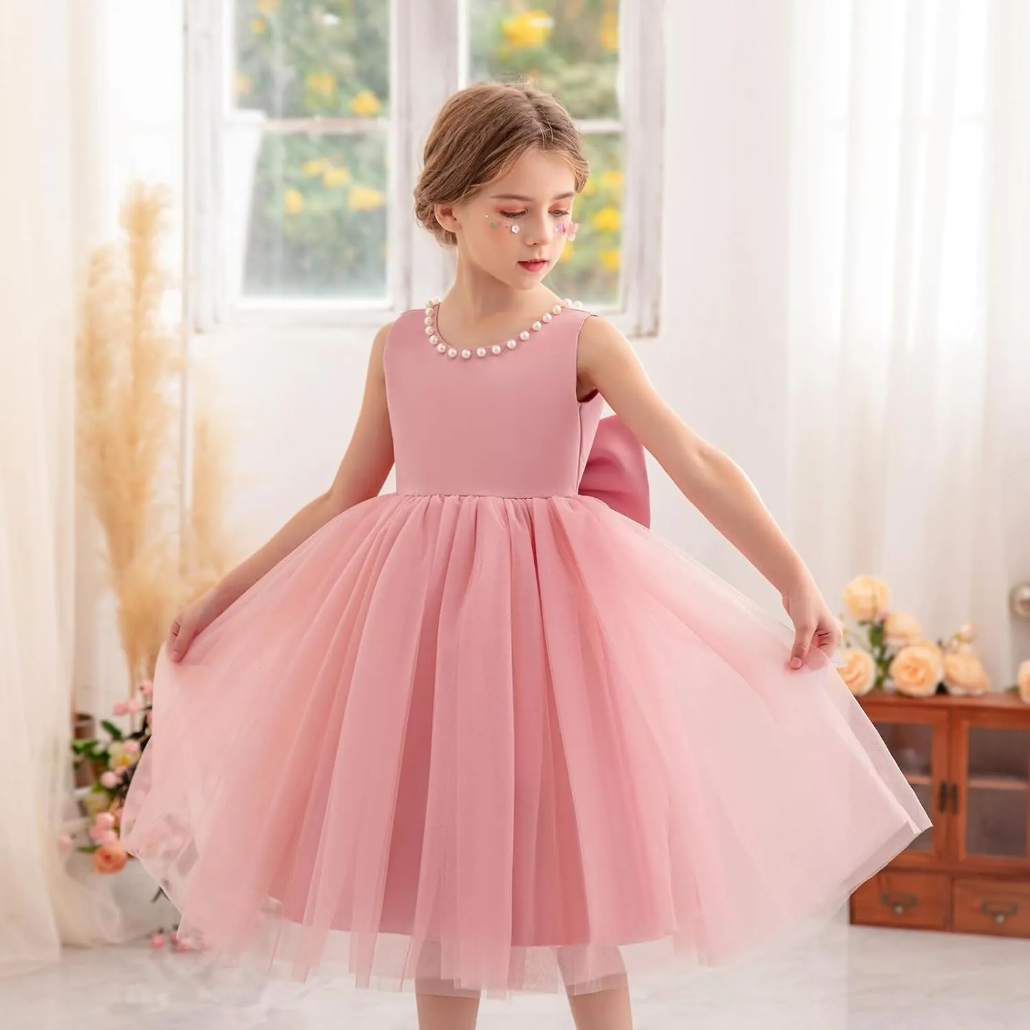 Flower Girl Dress Kids Satin Tulle Wedding Guest Party Birthday Bridesmaid Communion Pageant Prom Ball Gown Maxi