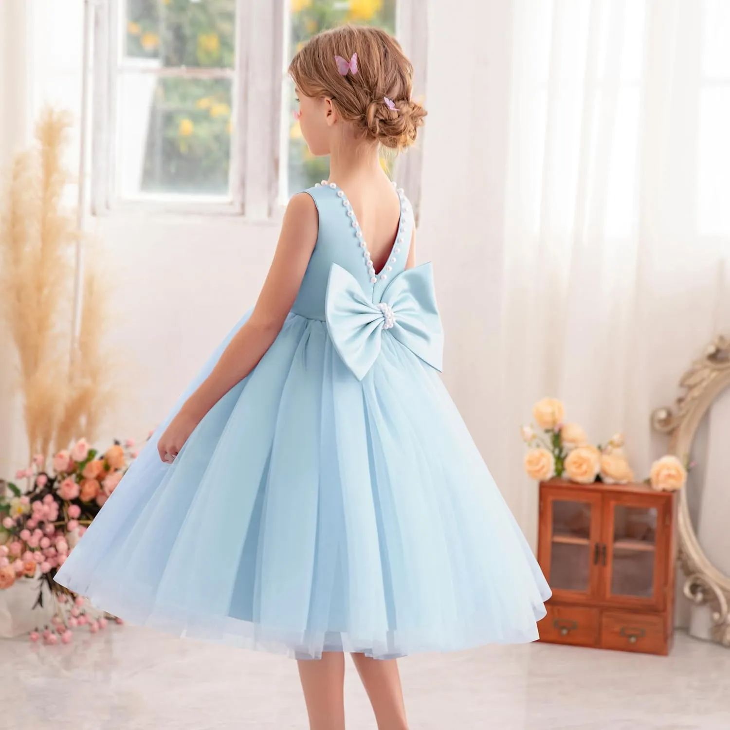 Flower Girl Dress Kids Satin Tulle Wedding Guest Party Birthday Bridesmaid Communion Pageant Prom Ball Gown Maxi