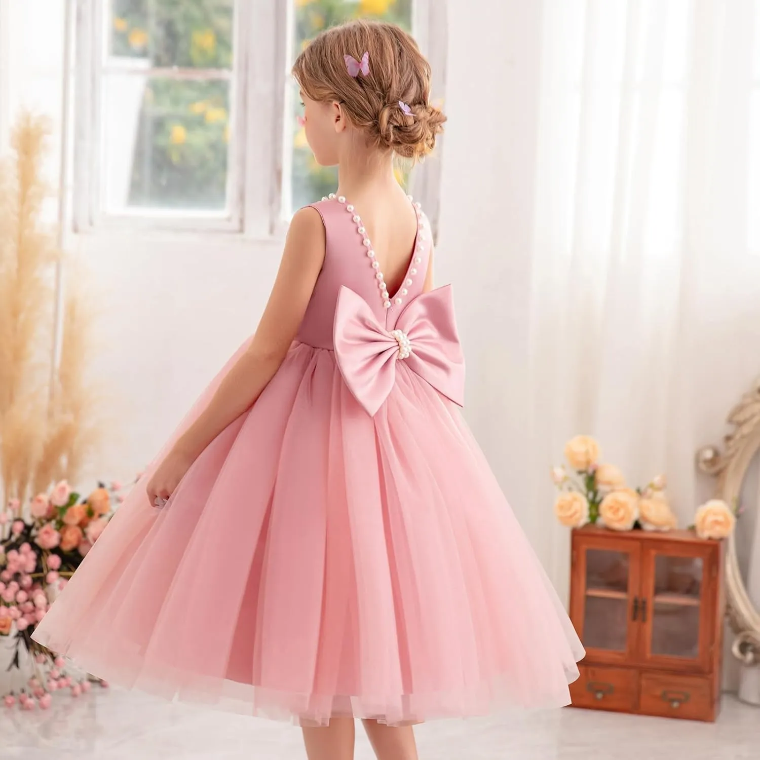 Flower Girl Dress Kids Satin Tulle Wedding Guest Party Birthday Bridesmaid Communion Pageant Prom Ball Gown Maxi