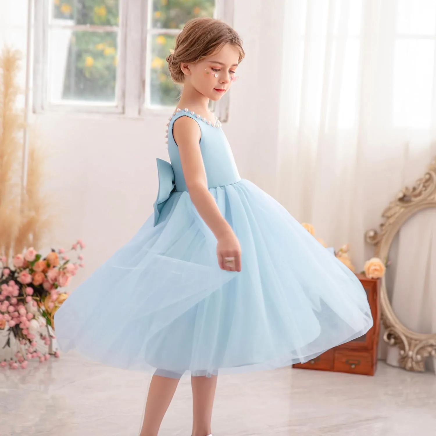 Flower Girl Dress Kids Satin Tulle Wedding Guest Party Birthday Bridesmaid Communion Pageant Prom Ball Gown Maxi
