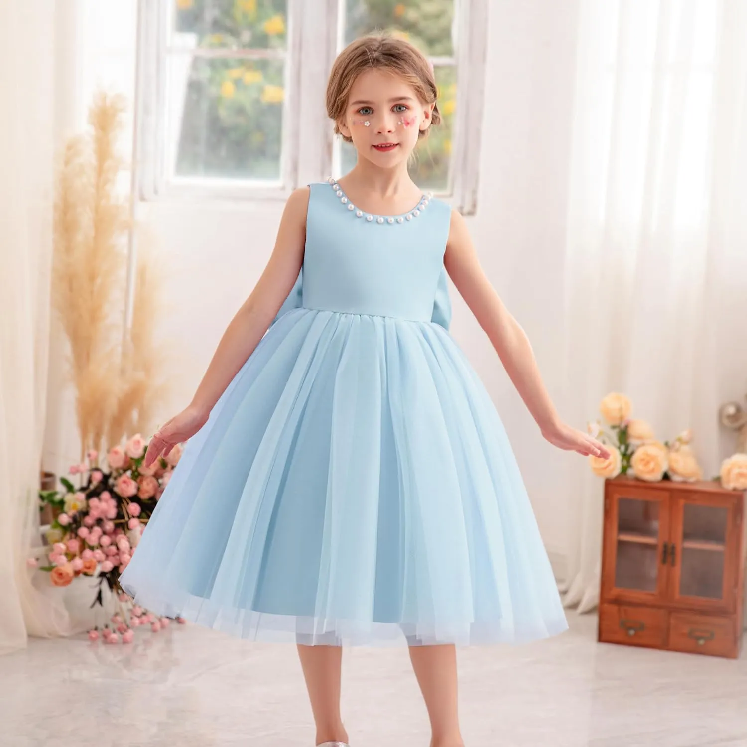 Flower Girl Dress Kids Satin Tulle Wedding Guest Party Birthday Bridesmaid Communion Pageant Prom Ball Gown Maxi