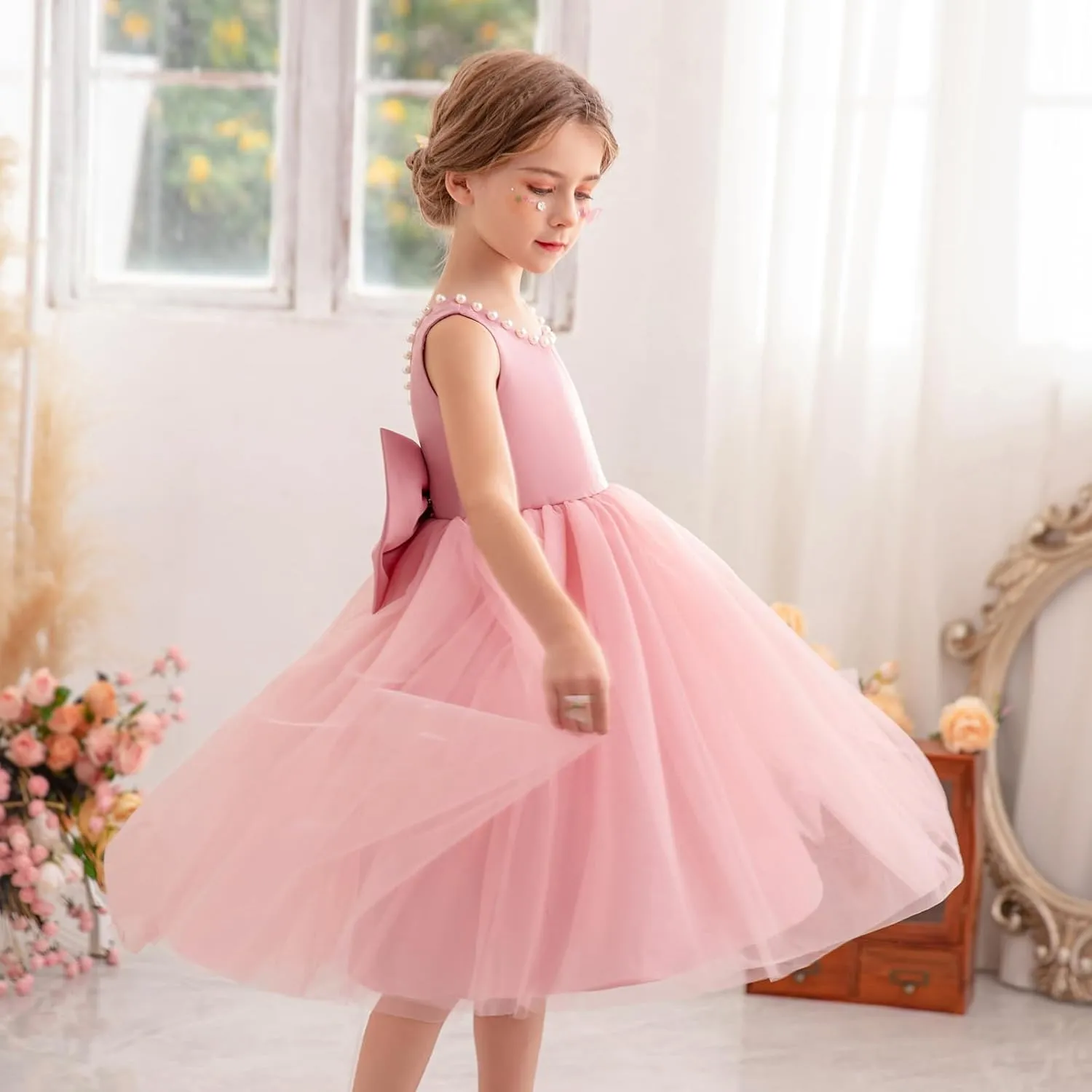Flower Girl Dress Kids Satin Tulle Wedding Guest Party Birthday Bridesmaid Communion Pageant Prom Ball Gown Maxi