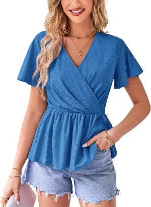 GRACE KARIN 2025 Womens Summer Tops Wrap V Neck Eyelet Top Ruffle Sleeve Peplum Casual T Shirts