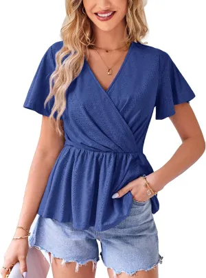 GRACE KARIN 2025 Womens Summer Tops Wrap V Neck Eyelet Top Ruffle Sleeve Peplum Casual T Shirts