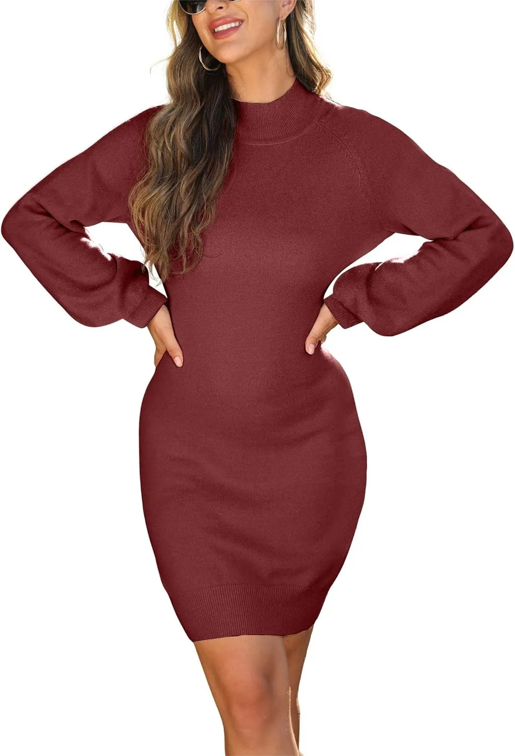 GRECERELLE Women's Mock Neck Ribbed Long Sleeve Bodycon Pullover Cute Mini Sweater Dress