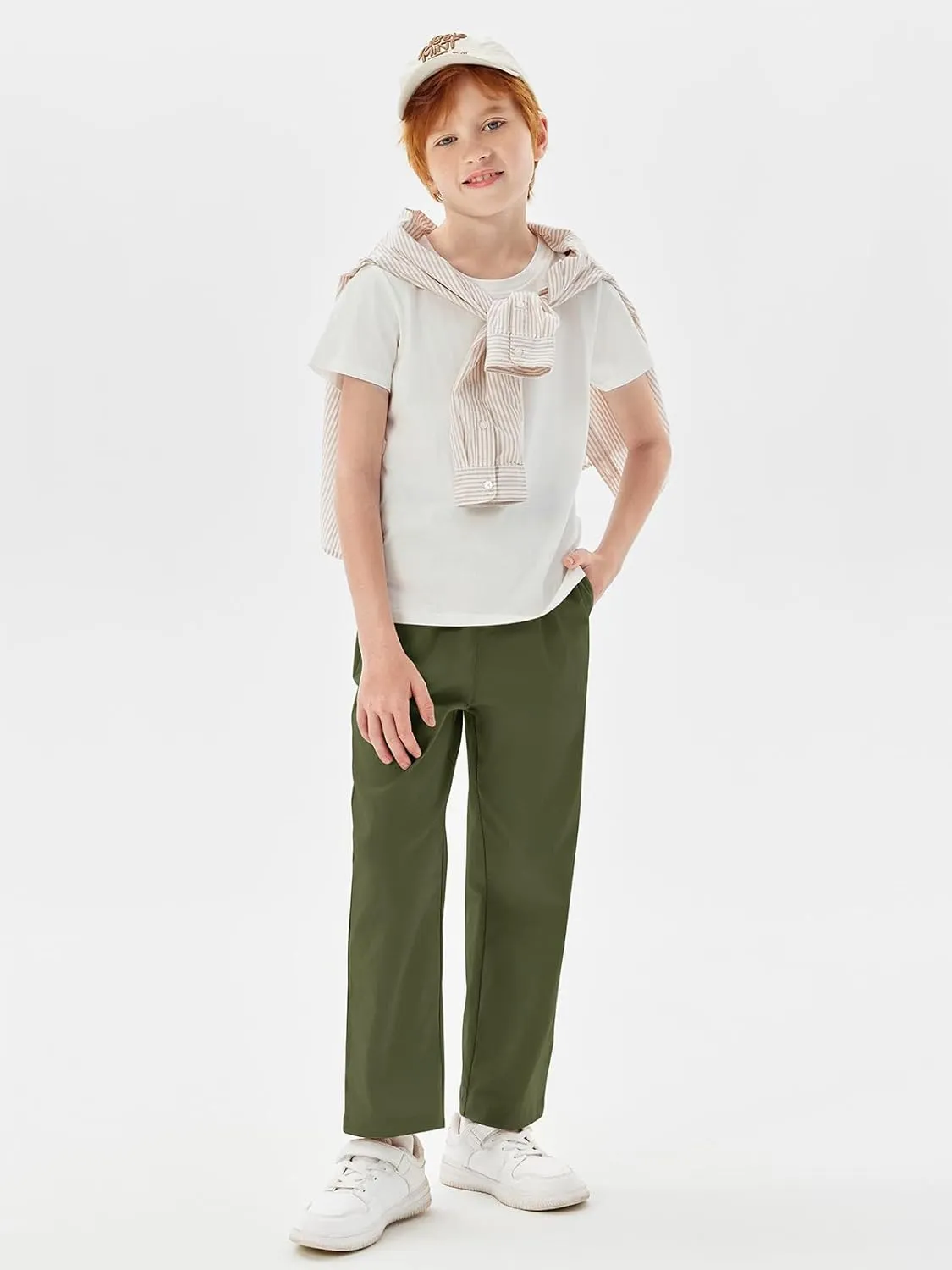 Haloumoning Boys Elastic Waist Pants Kids Uniform School Cotton Twill Trousers with Pockets 5-14 Years