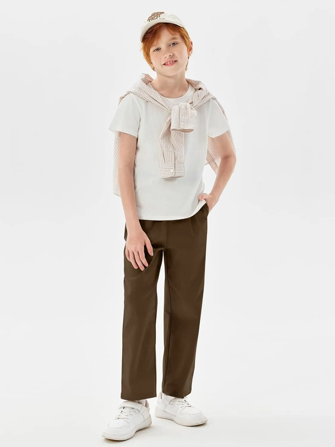 Haloumoning Boys Elastic Waist Pants Kids Uniform School Cotton Twill Trousers with Pockets 5-14 Years