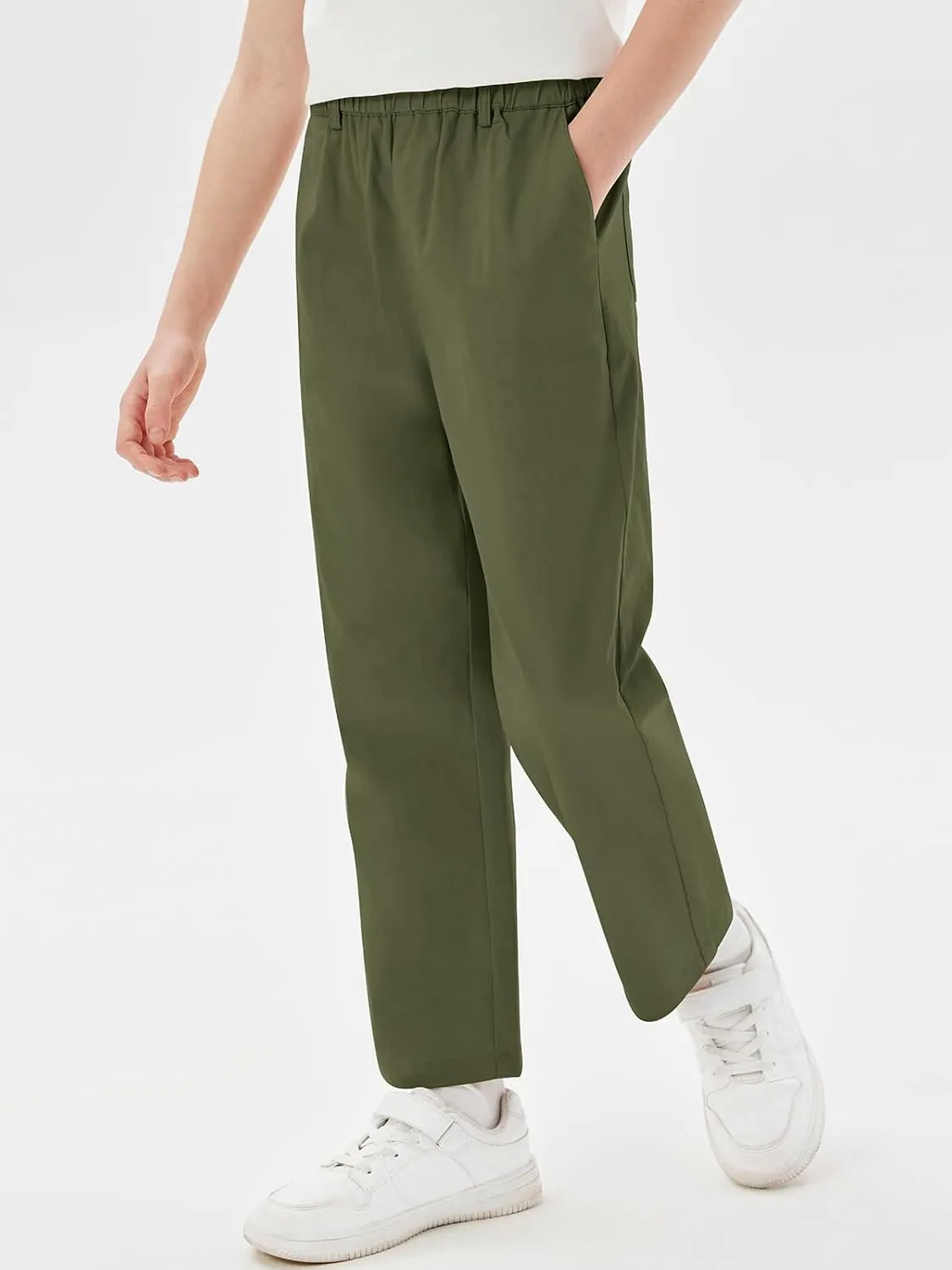 Haloumoning Boys Elastic Waist Pants Kids Uniform School Cotton Twill Trousers with Pockets 5-14 Years