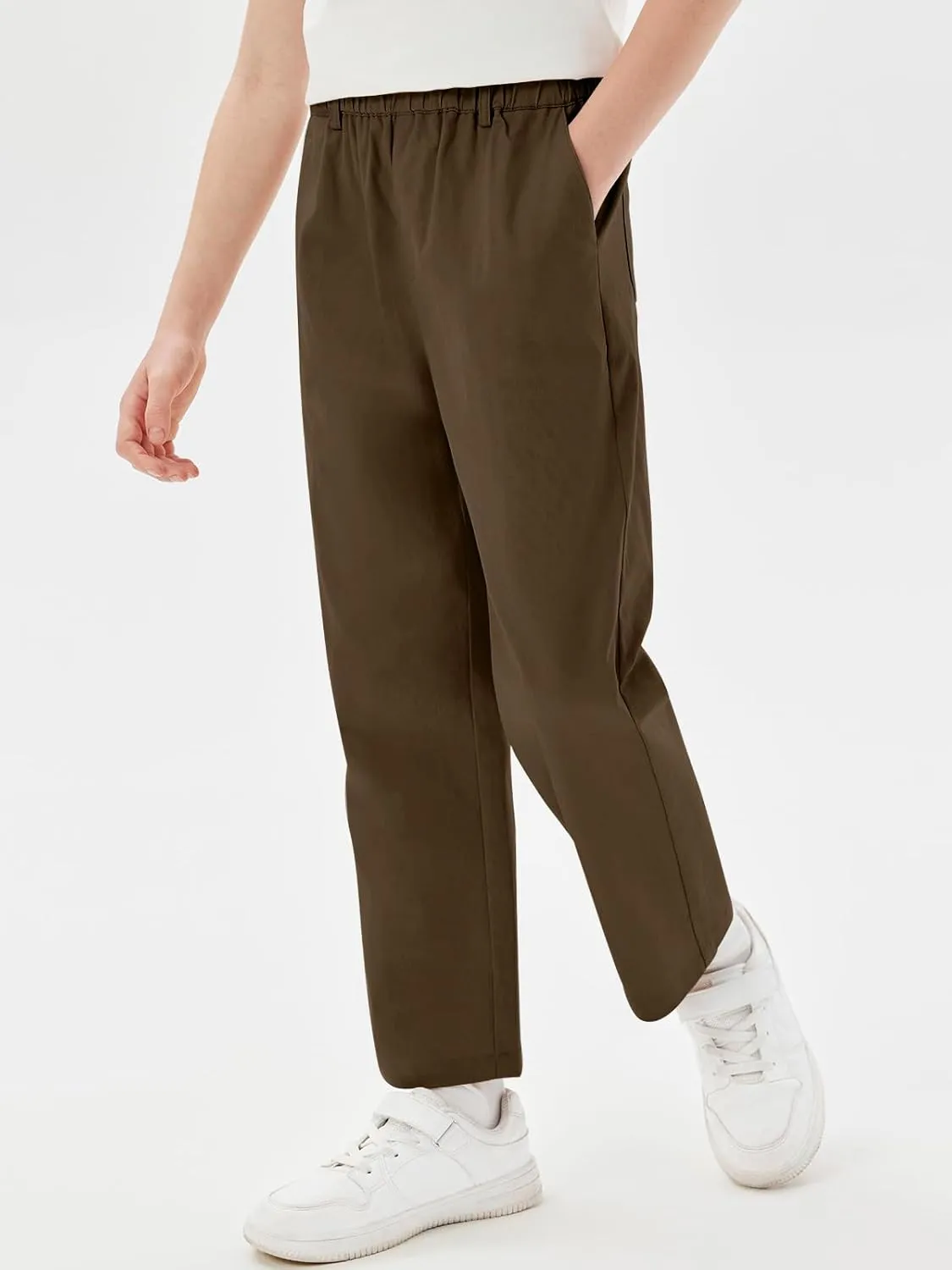 Haloumoning Boys Elastic Waist Pants Kids Uniform School Cotton Twill Trousers with Pockets 5-14 Years