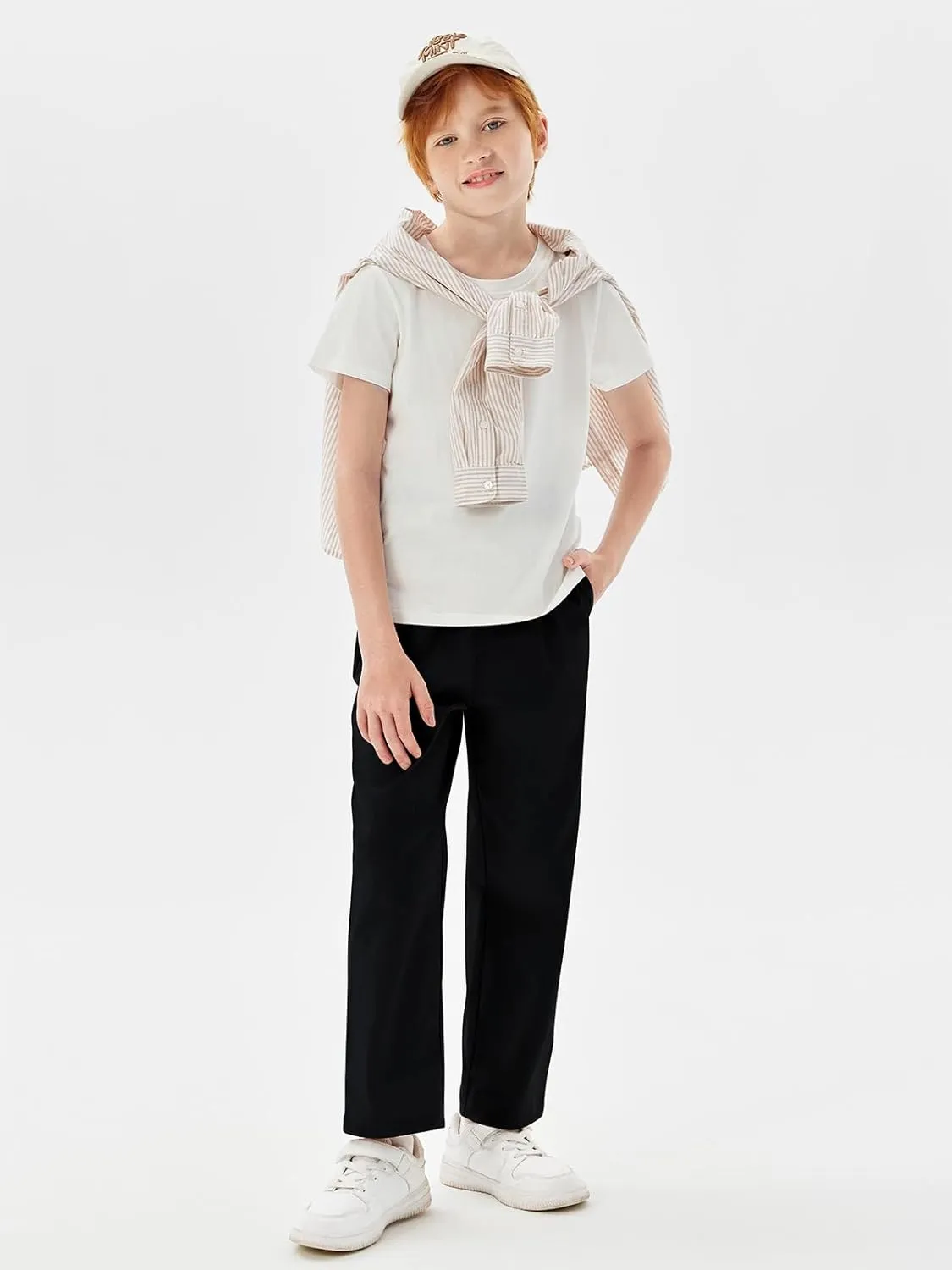 Haloumoning Boys Elastic Waist Pants Kids Uniform School Cotton Twill Trousers with Pockets 5-14 Years