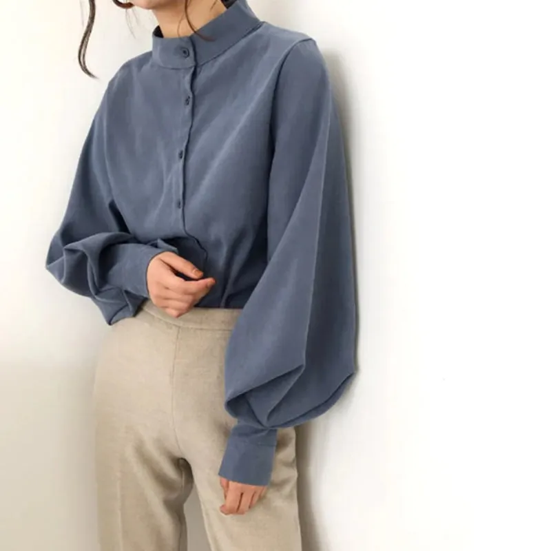 High-Fashion Mock-Neck Lantern Sleeve Blouses