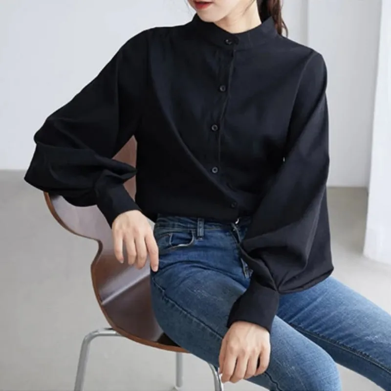 High-Fashion Mock-Neck Lantern Sleeve Blouses