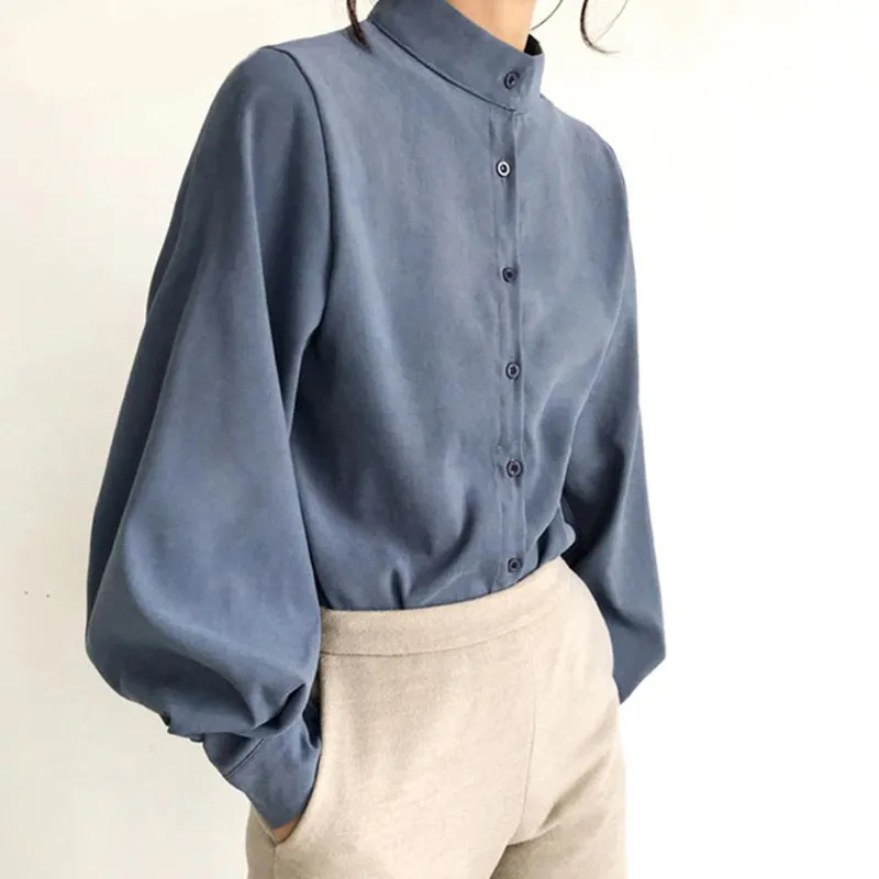 High-Fashion Mock-Neck Lantern Sleeve Blouses