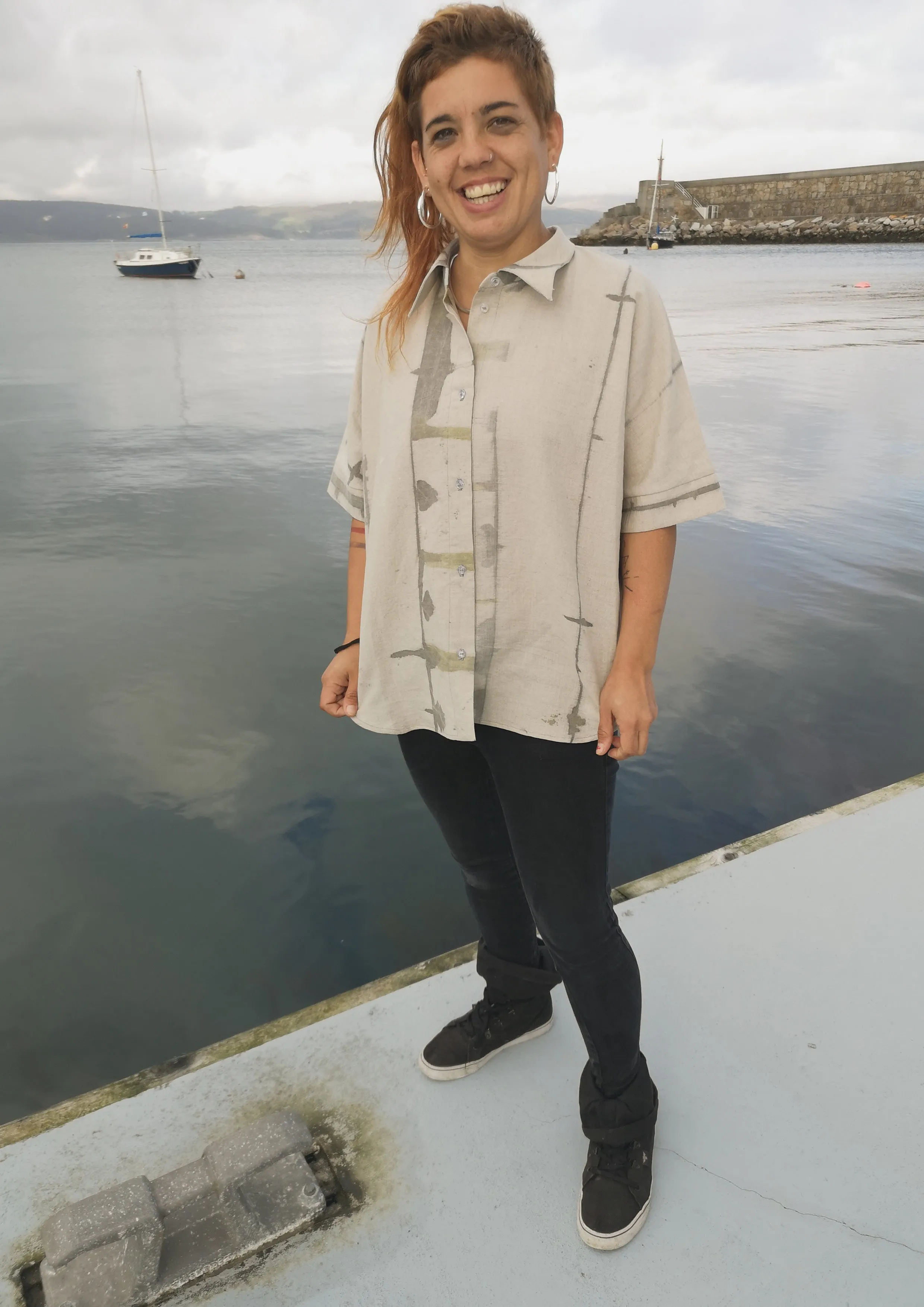 HOMEMADE - UNIQUE BLOUSE UNISEX - HAND PAINTED - white / grey / green