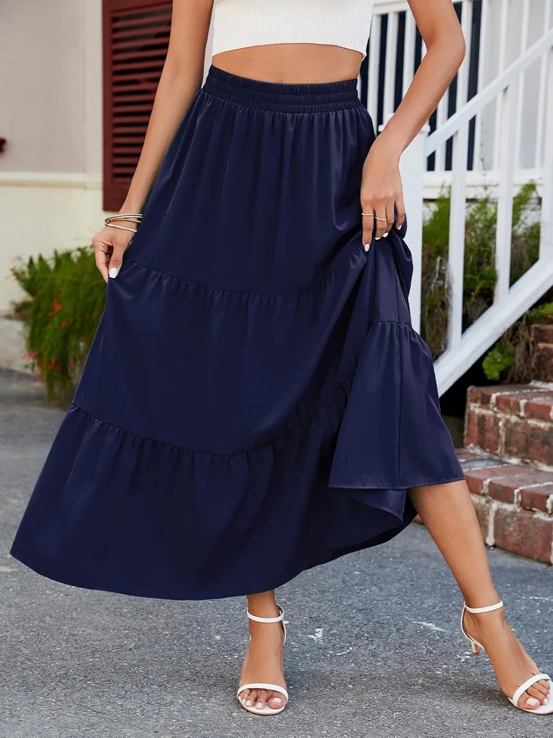 HUSKARY Women Summer Midi Skirt Casual Elastic High Waist Pleated A-Line Flowy Swing Tiered Beach Vacation Skirts