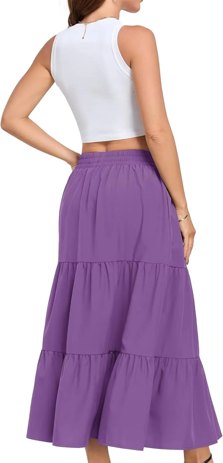 HUSKARY Women Summer Midi Skirt Casual Elastic High Waist Pleated A-Line Flowy Swing Tiered Beach Vacation Skirts