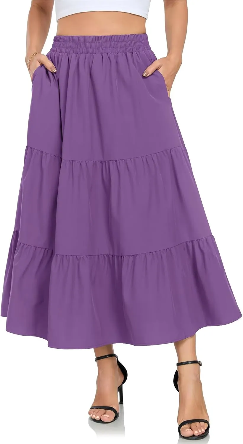 HUSKARY Women Summer Midi Skirt Casual Elastic High Waist Pleated A-Line Flowy Swing Tiered Beach Vacation Skirts