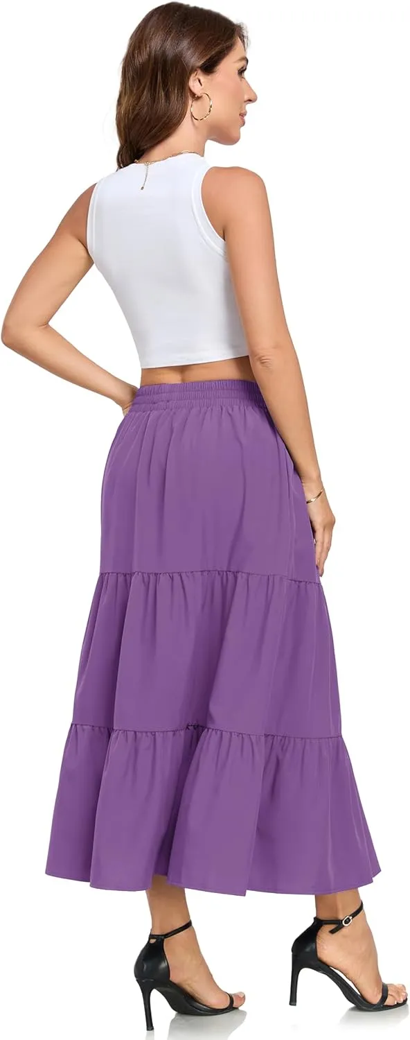 HUSKARY Women Summer Midi Skirt Casual Elastic High Waist Pleated A-Line Flowy Swing Tiered Beach Vacation Skirts