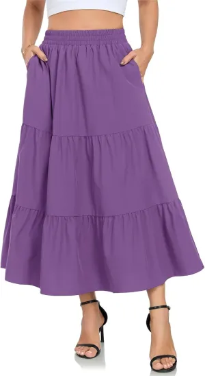 HUSKARY Women Summer Midi Skirt Casual Elastic High Waist Pleated A-Line Flowy Swing Tiered Beach Vacation Skirts