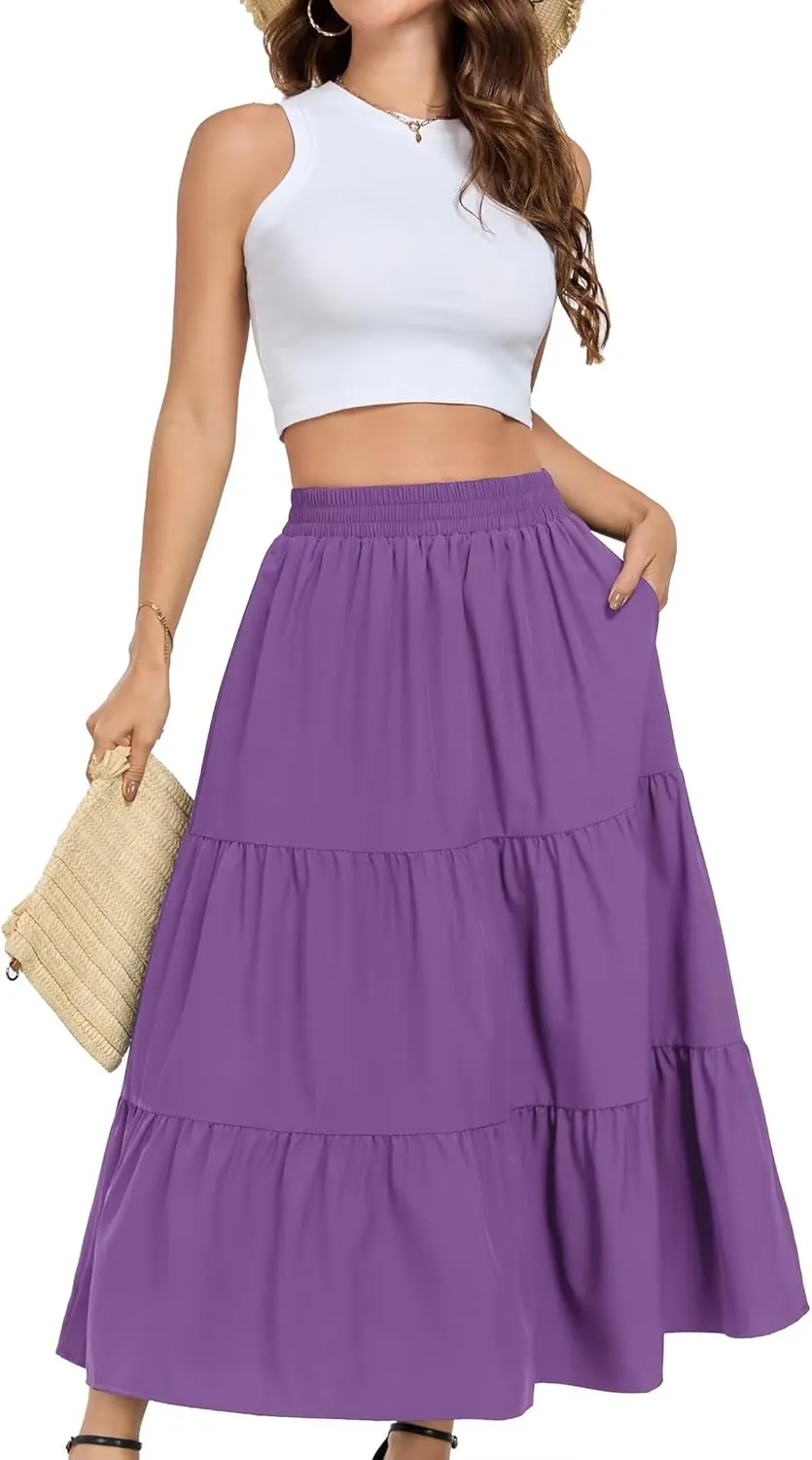 HUSKARY Women Summer Midi Skirt Casual Elastic High Waist Pleated A-Line Flowy Swing Tiered Beach Vacation Skirts