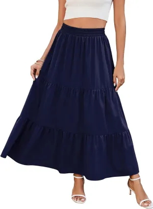 HUSKARY Women Summer Midi Skirt Casual Elastic High Waist Pleated A-Line Flowy Swing Tiered Beach Vacation Skirts