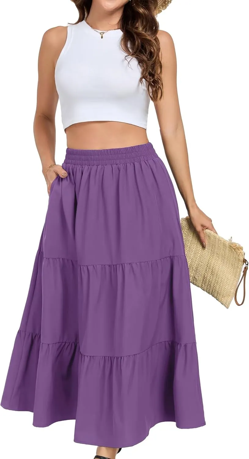 HUSKARY Women Summer Midi Skirt Casual Elastic High Waist Pleated A-Line Flowy Swing Tiered Beach Vacation Skirts