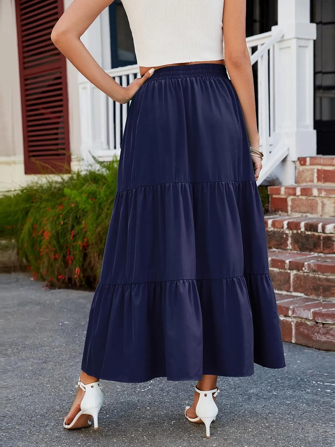 HUSKARY Women Summer Midi Skirt Casual Elastic High Waist Pleated A-Line Flowy Swing Tiered Beach Vacation Skirts
