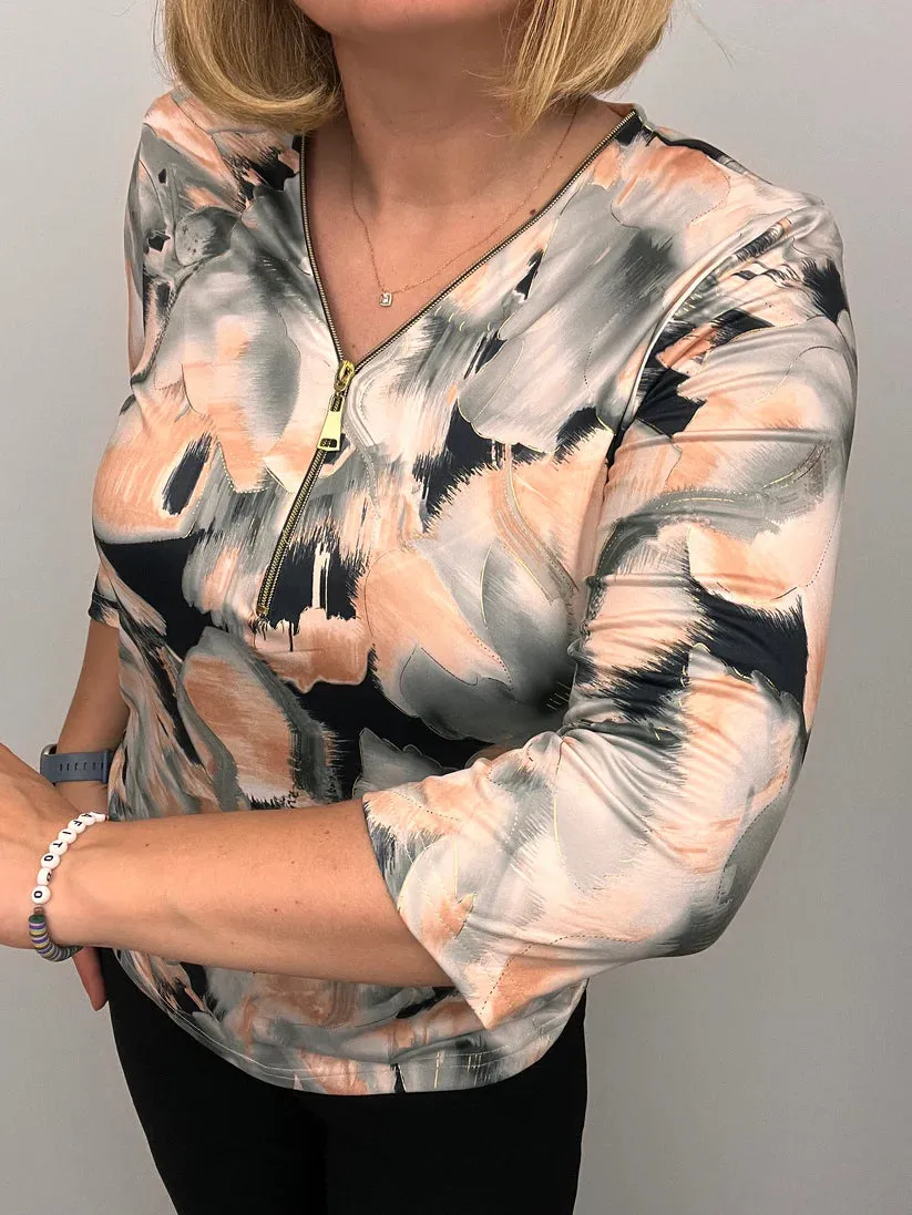 Ilona 3/4 Sleeve Zip Top in Black and Peach mix 106